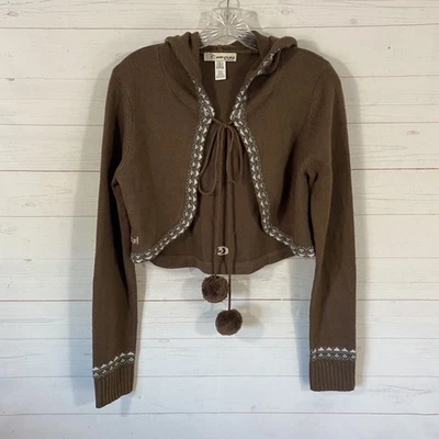 Rip Curl Cropped Hoodie Cardigan Sweater Juniors Large Brown Tie Pom Pom Front - Image 1 of 4