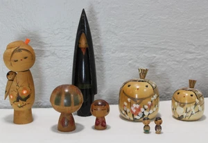 Kokeshi Japanese Wooden Dolls Vintage Lot of  8 Multiple Sizes & Shapes - Picture 1 of 16
