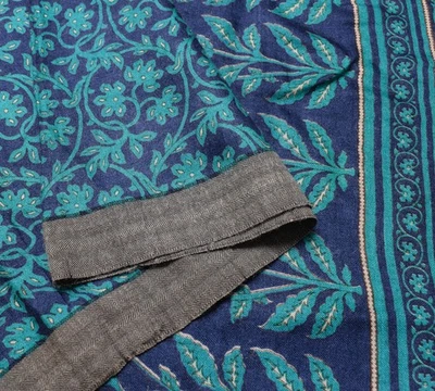 Sushila Vintage Azul Lana Pura Sari Estampado Floral Suave Cálido Tela Marca Foto 1 de 4