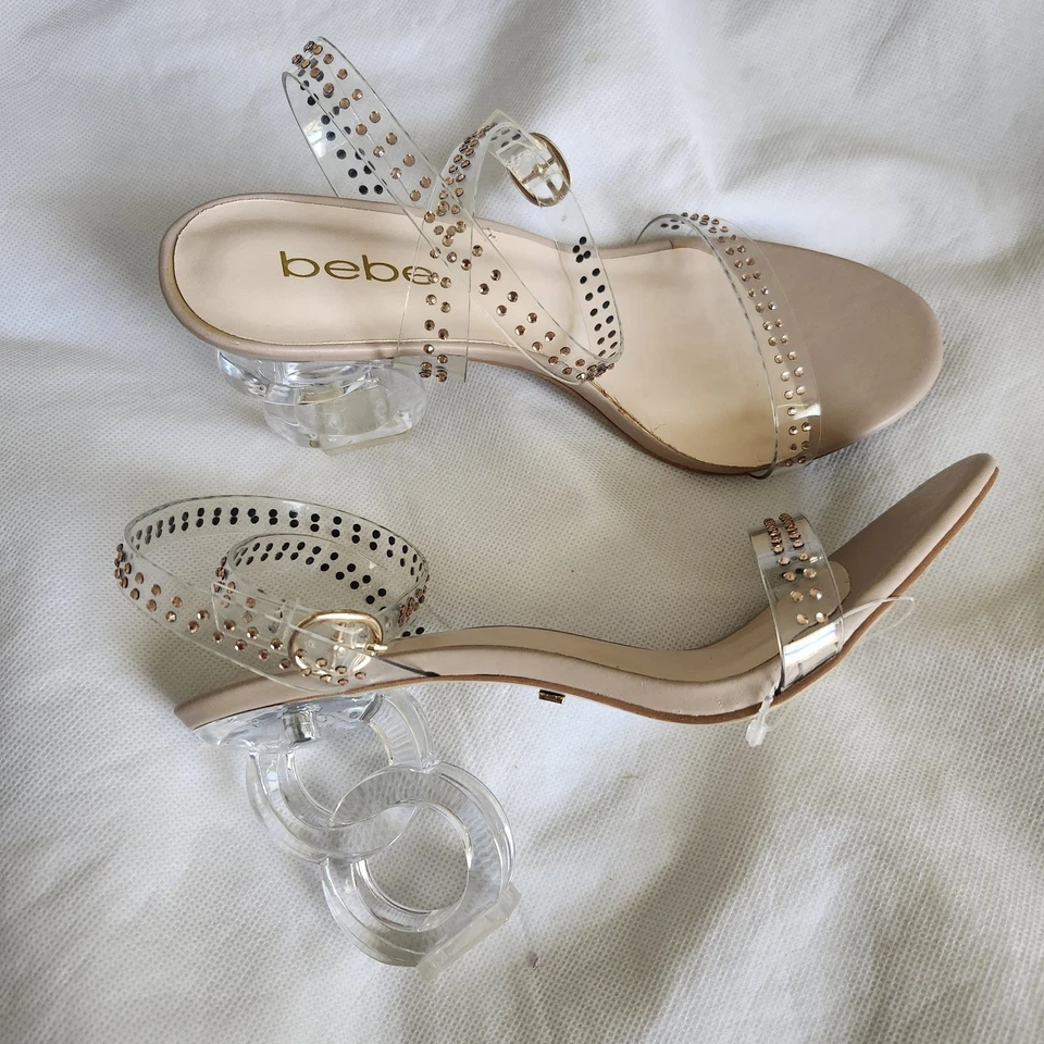 Sandalias de tacón Bebe Lizah escultóricas en desnudo transparente talla 7,5 Foto 1 de 4
