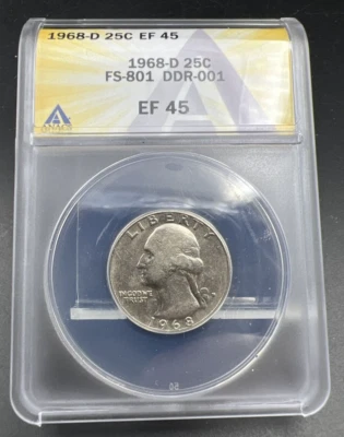 1968 D 25c Washington Quarter Variety Coin FS-801 DDR Double Die REV ANACS EF45 - Image 1 of 4