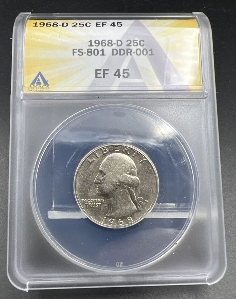 Moneda de cuarto de dólar Washington 1968 D 25c FS-801 RDA doble matriz REV ANACS EF45 Foto 1 de 4