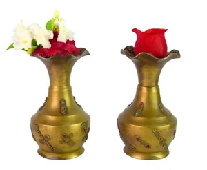 Two Beautiful Brass Work With Beads Fitted Home Decorative Flower Vase. G7-1034 - Picture 1 of 9