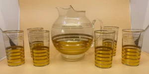 Vintage Ball Shaped Glass Pitcher and 6 Tumblers With Gold Bands MCM Style - Picture 1 of 24