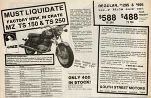 1978 Vintage Print Ad South Street Motors Must Liquidate MZ TS 250 Motorcycles - Picture 1 of 2