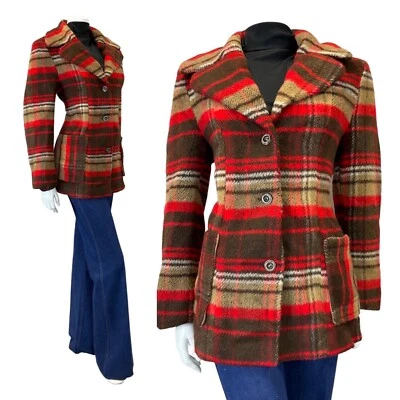 VINTAGE 60s 70s BROWN RED PLAID CHECKED STRIPED MOD WOOL SHORT COAT 14 16 - Image 1 of 4