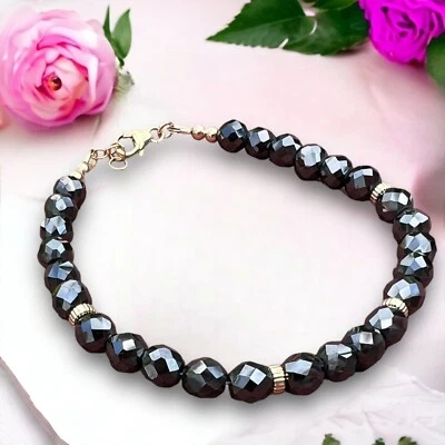 Natural Black Diamond Bracelet Solid 14k Gold , 7.3" - 7.75" , April Birthstone  - Image 1 of 4