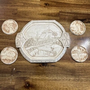 Vintage Syroco Holz Tablett Untersetzer geschnitzt Holz Antik Sport Golf Tennis Pferd - Bild 1 von 16