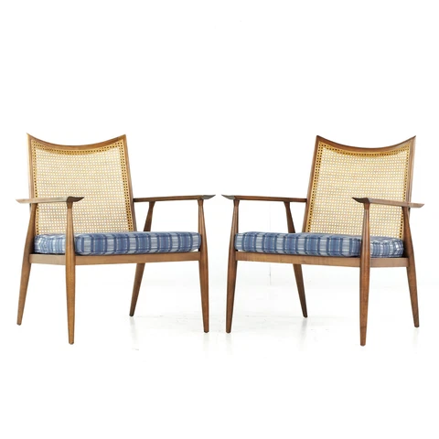 Paul McCobb for Winchendon Mid Century Cane and Walnut Lounge Chairs - Pair Cover