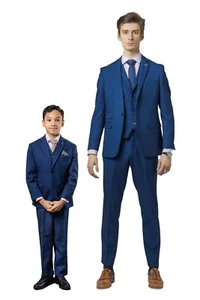 Mens Boys Matching Suit Self Pattern Slim Fit Father Son Indigo Blue 3 Piece Set - Picture 1 of 25