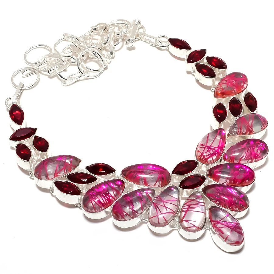 Collar Joyería Plata 925 Hecho a Mano Piedras Preciosas Cuarzo Rutilo Rosa 18" R-1544 Foto 1 de 1