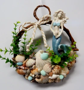 White Mermaid Sea shell wall decor_Hand made shell wreath_beach, tropical, coast - Picture 1 of 8