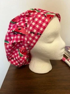 WATERMELLON AND ANTS ON BOUFFANT SURGICAL NURSES SCRUB HAT, CHEMO, TECH - Picture 1 of 2