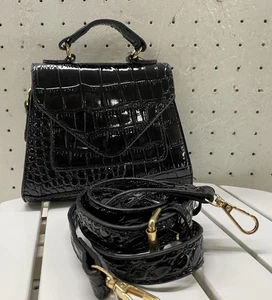 Top Handle Crossbody Bag Womens Small Black Croc Embossed Patent Gold Hardware - Picture 1 of 14
