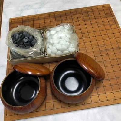 Vintage Japanese Wooden Go Board Set with Black White Stones and Bowls Used - Image 1 of 4