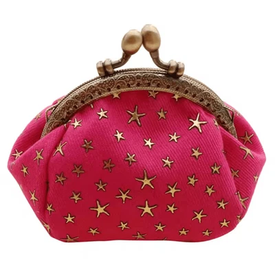 Denim fabric Small Purse Stars Print KISS Lock Pink Gold — 第 1/4 张图片