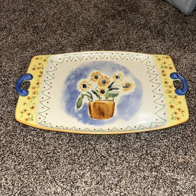 Serving tray W/handle Pistoulet- Nesting Yellow & Blue Sunflowers Rectangle 15” - Image 1 of 4