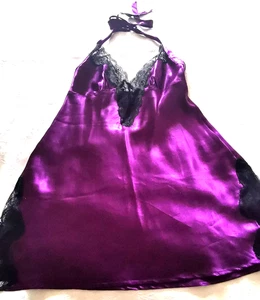 LA SENZA AMETHYST PURPLE SATIN BLACK LACE HALTER MINI NIGHTIE CHEMISE SLIP UK 10 - Picture 1 of 15