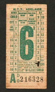 1940s VINTAGE MUNICIPAL TRANSPORT TRUST M.T.T ADELAIDE 6d BUS / TRAM TICKET - Bild 1 von 2