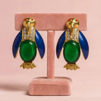 Museum Bird Earrings Penguin VTG Palace Gold Court Clip-On CZ Statement Stud - Image 1 of 4