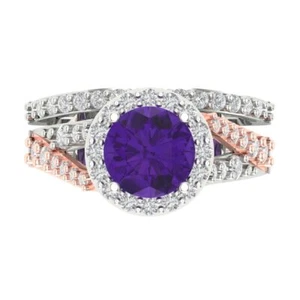 2.32 tcw Round Cut Engagement Ring + Wedding Band, Natural Gem White/Rose Gold - Picture 1 of 40