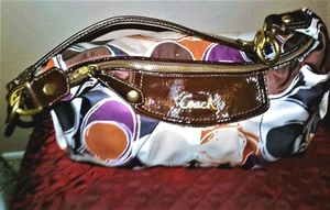Coach Hobo Bag Multicolor Satin Fabric Brown Leather Trim-Strap Shoulder Style - Picture 1 of 10