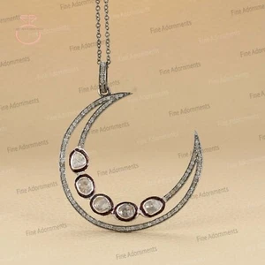 Collar Polki Diamante Corte Rosa Natural Colgante Luna Media Luna Plata 925 Sólida - Imagen 1 de 7