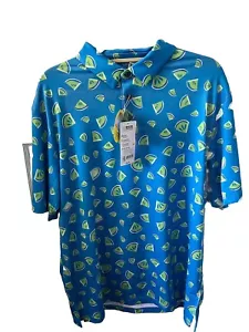 Polo Manica Corta Uomo Grande Blu AOP Lime Fette ECO Organica Golf Preppy UPF - Foto 1 di 8