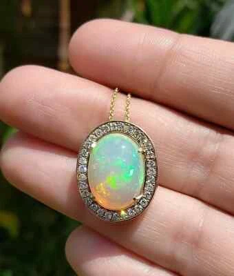 3.20Ct Oval Lab Created Fire Opal Halo Pendant 14K Yellow Gold Plated Silver - Image 1 of 4