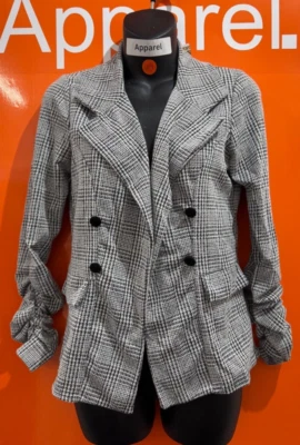 BOOHOO Petite Checked Button Sleeve Blazer, Size UK 10, New, RRP £32, b197 - Image 1 of 2