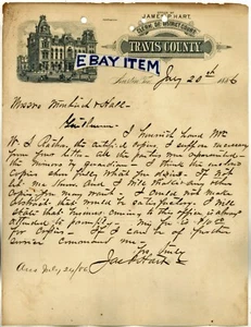 Membrete Austin Texas 1886 James P. Hart secretario de la corte de distrito condado de Travis - Imagen 1 de 1