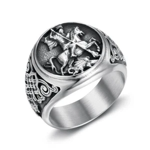 St. Sanctus Georgius Knight Ring Stainless Steel Vintage Silver  Men Size 7-13 - Picture 1 of 7