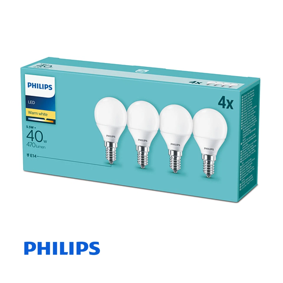 Philips CorePro 5.5W E14 LED Golfball Bulb 2700K Warm White Frosted 4 Pack - Image 1 of 4