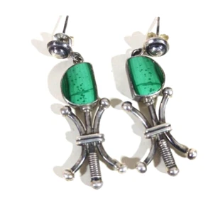 Sterling Silver Dangle Malachite Earrings Post back Signed - Picture 1 of 8