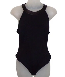 John Murrough Black Leather Trimmed Bodysuit Sexy Open Back Vintage 90's - Picture 1 of 8