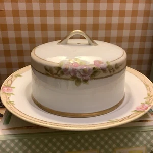 Antique~Hand Painted Butterdish~Nippon~Pink/Green Florals~Porcelain~Round/Lovely - Picture 1 of 10