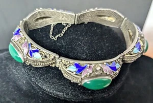 Vintage Chinese Jade/Silver Bracelet with Enamel Accents - Picture 1 of 3