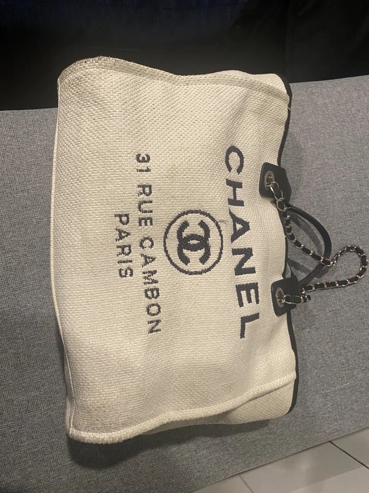 CHANEL Deauville line Chain Shoulder Bag Straw White Silver CC Auth Used - Image 1 of 4