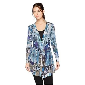 Neu mit Etikett Desigual leichter Pullover groß blau grau abstrakt Blumen vorne zum Binden schimmernd - Bild 1 von 9