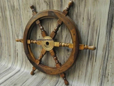 18" Nautical Wooden Ship Steering Wheel Pirate Wood Brass Fishing Wall Décor - Imagen 1 de 4