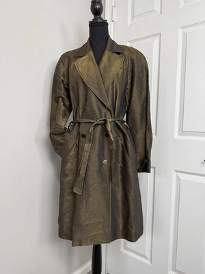 Vtg Metallic Gold Trench Coat Women 8/M Double Breasted Belt Duster Retro Grunge - Image 1 of 4