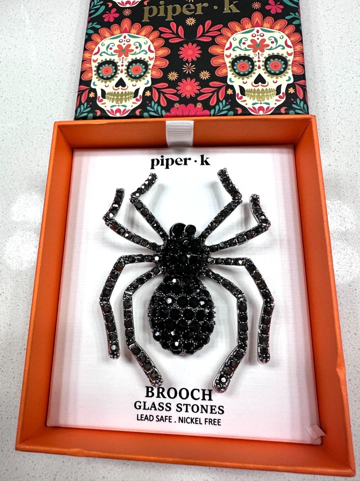 Piper K 午夜爬行者蜘蛛玻璃石黑色胸针 3 英寸胸针 全新带盒 — 第 1/4 张图片