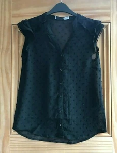 OASIS BRAND NEW Black Chiffon Frill Spotted Top Blouse Size 6 8 10 RRP=£32 - Picture 1 of 2