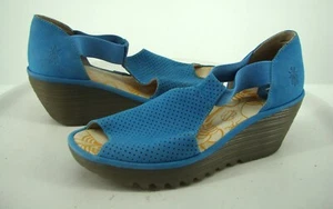 ZAPATOS SANDALIAS FLY LONDON CUÑA PEEP TOE GAMUZA AZUL TALLA 40 / 9.5 C116 - Imagen 1 de 12