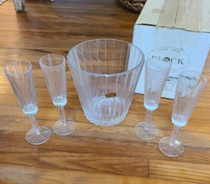 BLOCK 24% full lead CRYSTAL Champagne Set Bucket w/ 4 Flute Glasses New with Box - Imagen 1 de 2