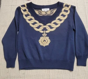St John Marie Gray Navy & Gold Knit Sweater Sz S - Picture 1 of 9