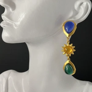 Pendientes cabujón vientre gelatina oro mate rayos de sol verde azul perforado colgante gota - Imagen 1 de 6