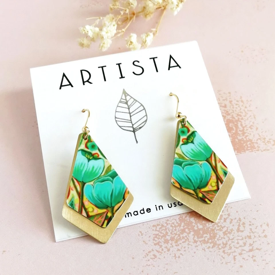 Pendientes Artista Verde Tulipán Capas Latón Corbata Formas Ligeros Únicos Foto 1 de 4