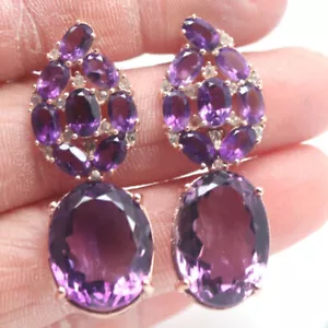 Sin Calentar Gema 14 x 18 Mm. Amatista Violeta & Blanco Circonita Pendientes 925 - Imagen 1 de 4