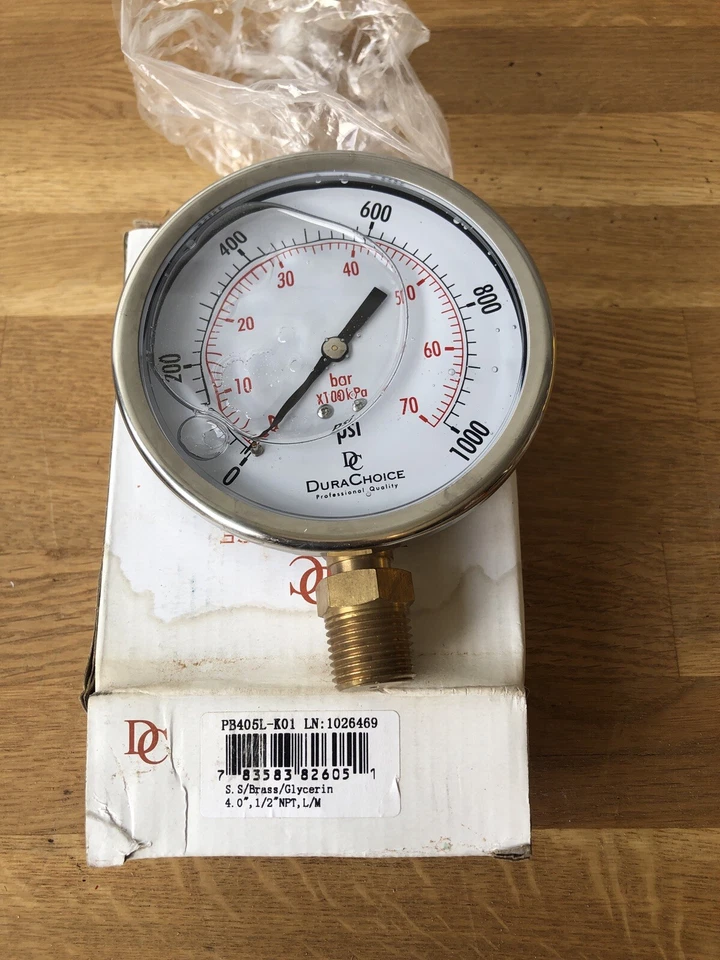 4" Pressure Gauge - Stainless Steel Case, Brass, 1/2" NPT, Lower Mnt. 0-1000PSI - Image 1 of 1